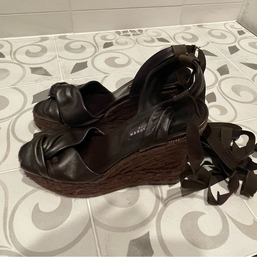 Ralph Lauren Collection Isabella Dark Brown Espadrille Wedge Sandals